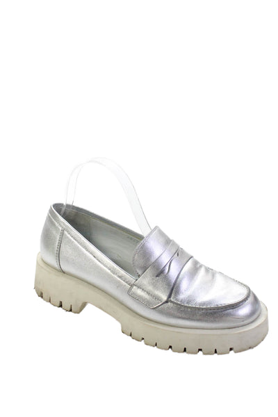 Bruno Premi Womens Metallic Leather Heeled Loafers Silver Size 9