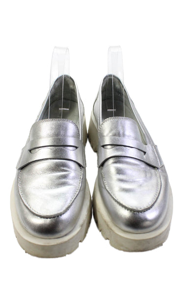 Bruno Premi Womens Metallic Leather Heeled Loafers Silver Size 9