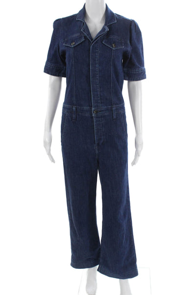 G. Womens Collared Short Sleeve Blue Cotton Jumpsuit Zip Size XS