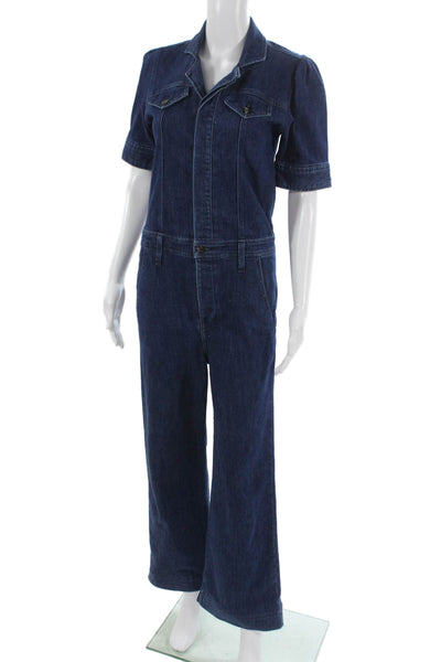 G. Womens Collared Short Sleeve Blue Cotton Jumpsuit Zip Size XS