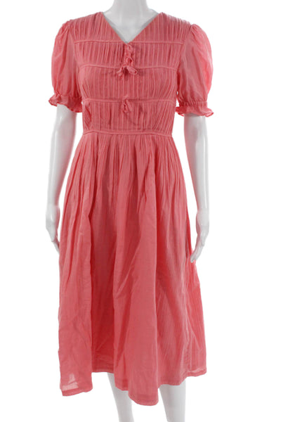 Rejina Pyo Womens A-Line Midi Dress Pink Cotton V-Neck Zip Short Sleeve Size 6