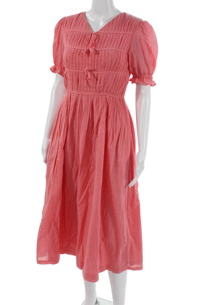 Rejina Pyo Womens A-Line Midi Dress Pink Cotton V-Neck Zip Short Sleeve Size 6