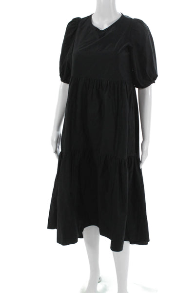 Zara Womens Trapeze Swing Midi Black Cotton V-Neck Half Sleeve Dress Size XS