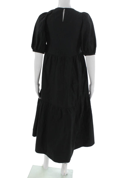 Zara Womens Trapeze Swing Midi Black Cotton V-Neck Half Sleeve Dress Size XS