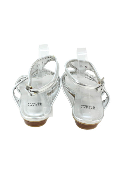 Stuart Weitzman Womens Leather Strappy Slip-On Flat Sandals Silver Size 8.5