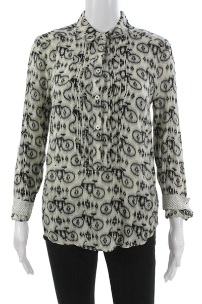 Maeve Anthropologie Womens Collared Geometric Ivory Blouse 3/4 Sleeve Size 2