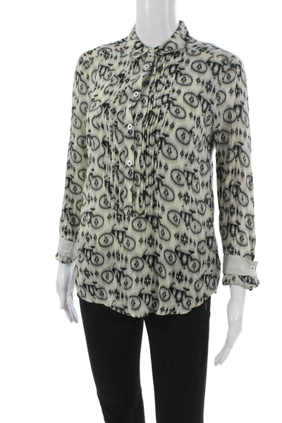 Maeve Anthropologie Womens Collared Geometric Ivory Blouse 3/4 Sleeve Size 2