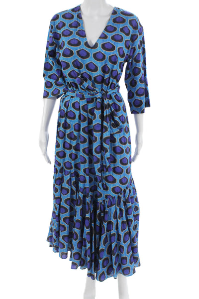 Rhode Womens Wrap Dress Blue Cotton V-Neck 3/4 Sleeve Midi Size XS