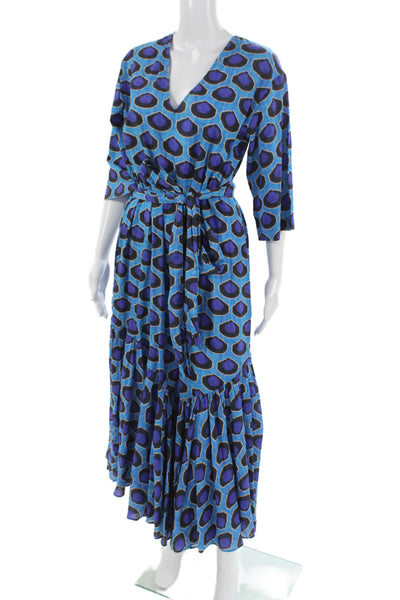 Rhode Womens Wrap Dress Blue Cotton V-Neck 3/4 Sleeve Midi Size XS