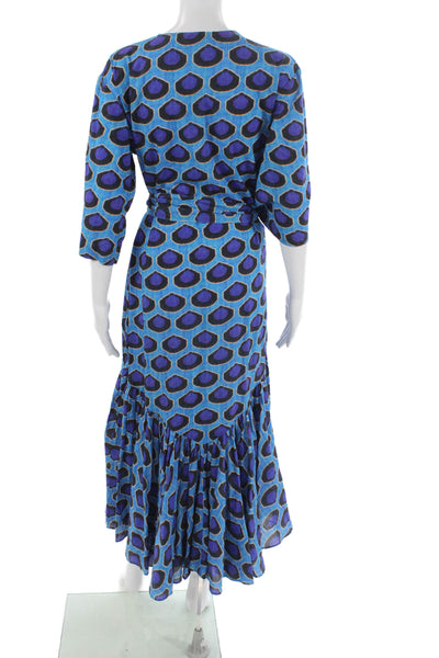 Rhode Womens Wrap Dress Blue Cotton V-Neck 3/4 Sleeve Midi Size XS
