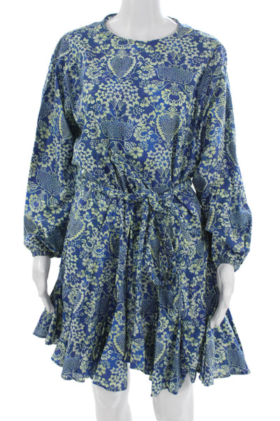 Rhode Womens Fit & Flare Floral Blue Cotton Long Sleeve Tie Dress Size XS