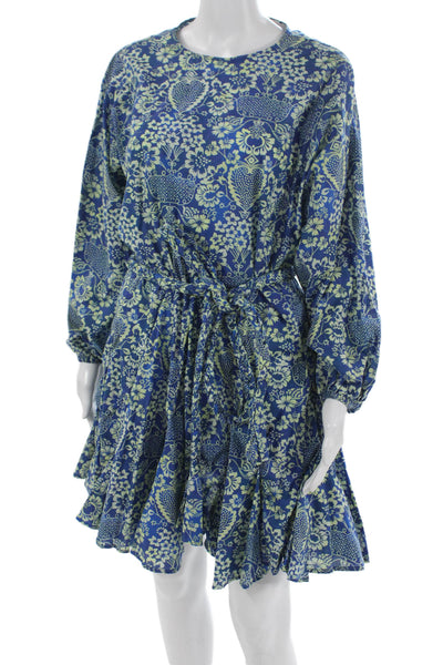 Rhode Womens Fit & Flare Floral Blue Cotton Long Sleeve Tie Dress Size XS