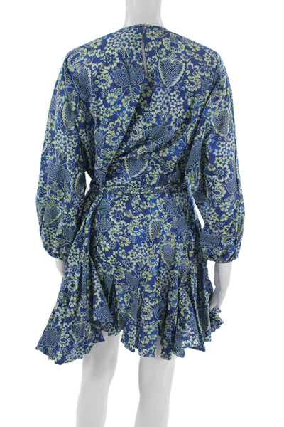 Rhode Womens Fit & Flare Floral Blue Cotton Long Sleeve Tie Dress Size XS