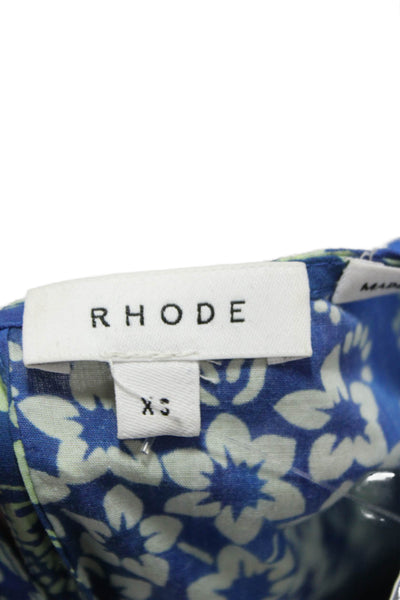 Rhode Womens Fit & Flare Floral Blue Cotton Long Sleeve Tie Dress Size XS