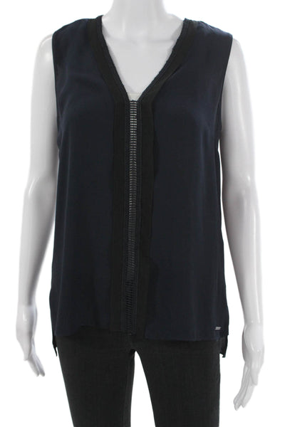 Tahari Womens Tunic Blouse V Neck Sleeveless Blue Polyester Size S