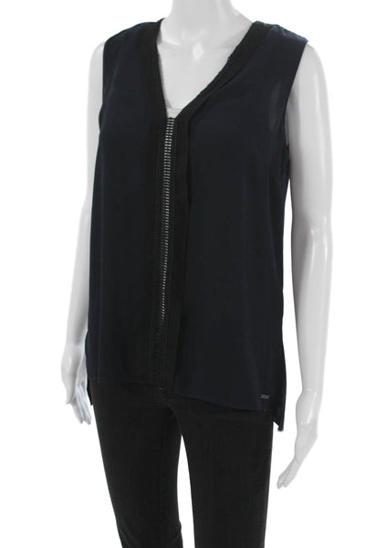 Tahari Womens Tunic Blouse V Neck Sleeveless Blue Polyester Size S
