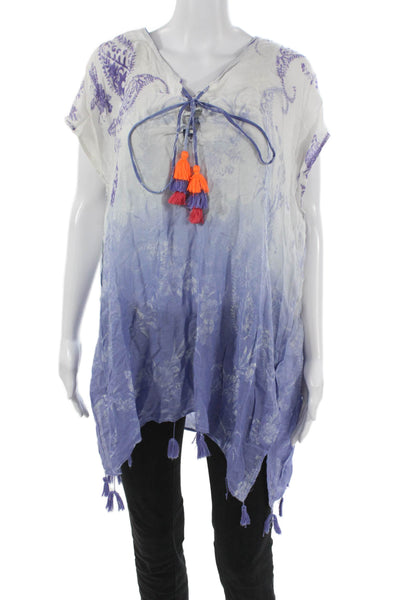 Surf Gypsy Women Tunic V-Neck Lace Up Floral White Rayon Short Sleeve Size S