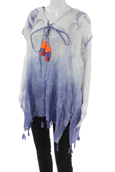 Surf Gypsy Women Tunic V-Neck Lace Up Floral White Rayon Short Sleeve Size S