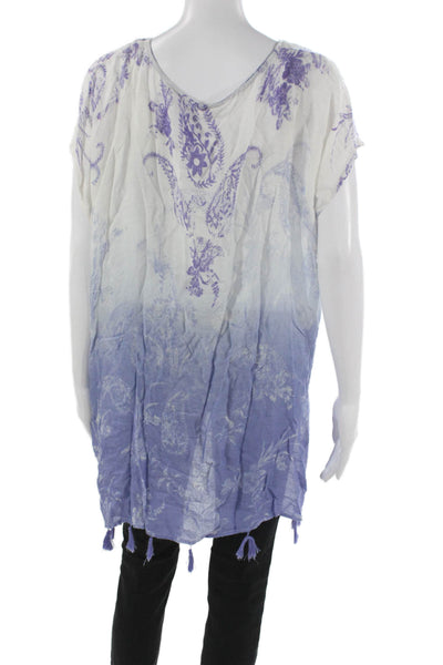 Surf Gypsy Women Tunic V-Neck Lace Up Floral White Rayon Short Sleeve Size S