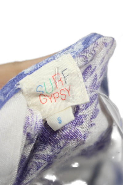 Surf Gypsy Women Tunic V-Neck Lace Up Floral White Rayon Short Sleeve Size S