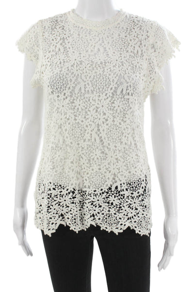 Velvet Women Blouse White Cotton Floral Round Neck Short Sleeve Button Size XS