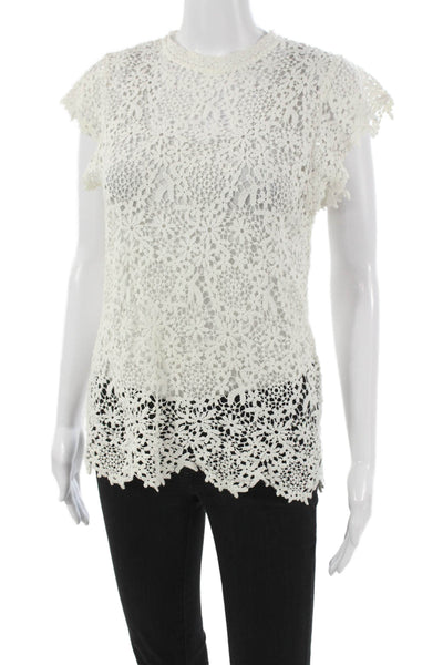 Velvet Women Blouse White Cotton Floral Round Neck Short Sleeve Button Size XS