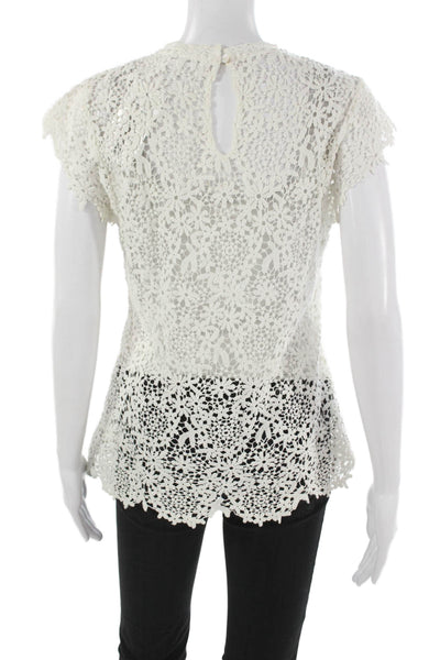Velvet Women Blouse White Cotton Floral Round Neck Short Sleeve Button Size XS