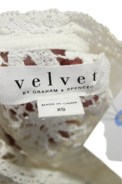 Velvet Women Blouse White Cotton Floral Round Neck Short Sleeve Button Size XS
