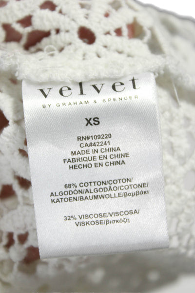 Velvet Women Blouse White Cotton Floral Round Neck Short Sleeve Button Size XS