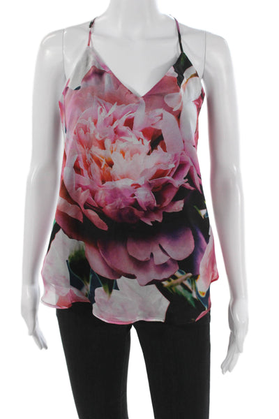 Lavender Brown Women Camisole Multicolor Silk V-Neck Floral Sleeveless Size S