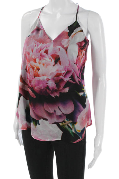 Lavender Brown Women Camisole Multicolor Silk V-Neck Floral Sleeveless Size S