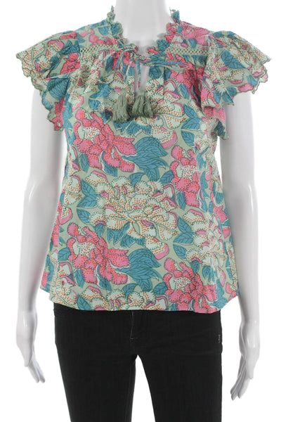 Allison Womens Blouse Floral Cotton V-Neck Tie Short Sleeve Multicolor Size XS