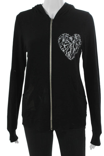 Lauren Moshi Womens Full Zip Hoodie V Neck Black Cotton Long Sleeve Size M