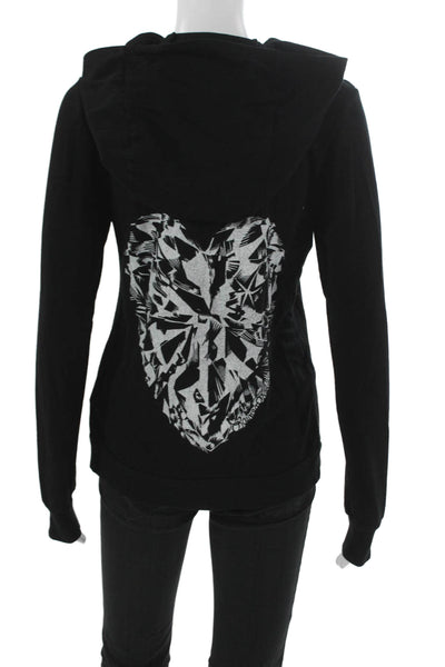 Lauren Moshi Womens Full Zip Hoodie V Neck Black Cotton Long Sleeve Size M
