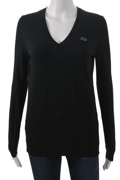 Lacoste Womens Black V-Neck Cotton Pullover Long Sleeve Size 36