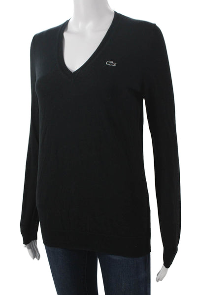 Lacoste Womens Black V-Neck Cotton Pullover Long Sleeve Size 36