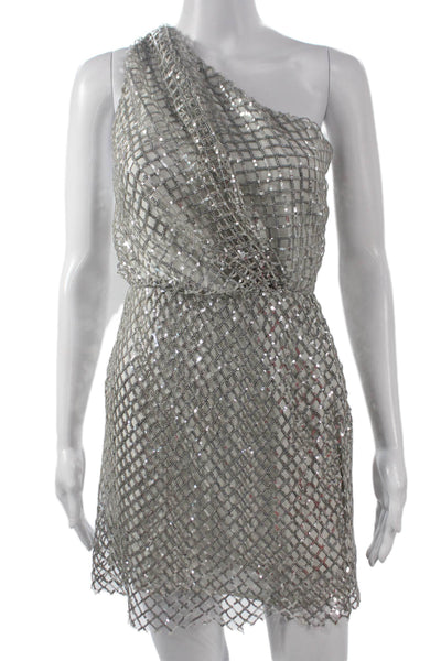Michelle Mason Women Silk One Shoulder Mini Dress Silver Size 0