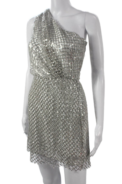 Michelle Mason Women Silk One Shoulder Mini Dress Silver Size 0