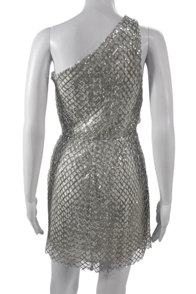 Michelle Mason Women Silk One Shoulder Mini Dress Silver Size 0