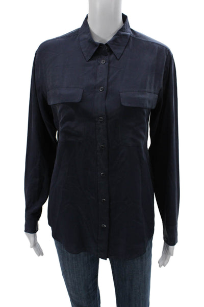 Equipment Femme Womens Silk Collared Long Sleeve Button Up Blouse Blue Size XS