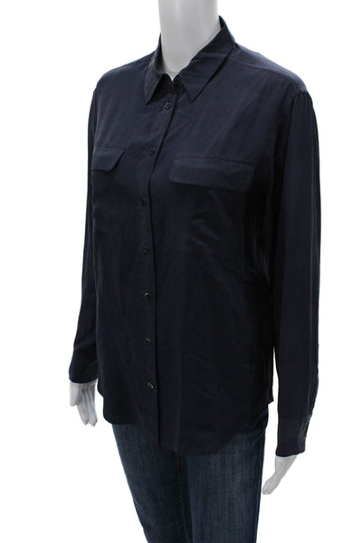 Equipment Femme Womens Silk Collared Long Sleeve Button Up Blouse Blue Size XS