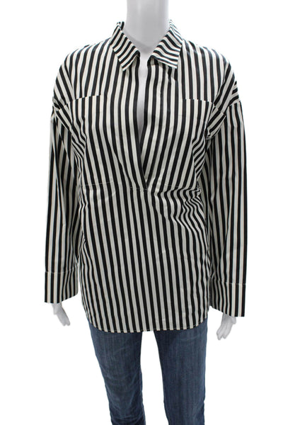 Tove Womens Tunic Blouse Black Striped Collared Long Sleeve Cotton Size 34