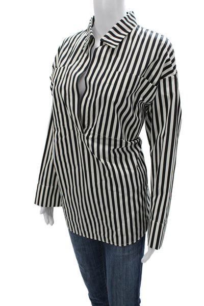 Tove Womens Tunic Blouse Black Striped Collared Long Sleeve Cotton Size 34