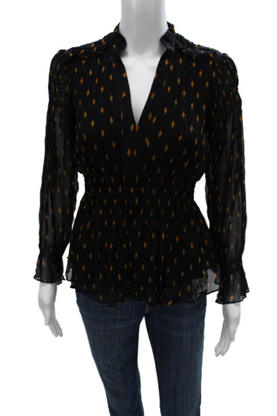 The Fold Womens Basic V Neck Argyle Viscose Long Sleeve Blouse Black Size 6