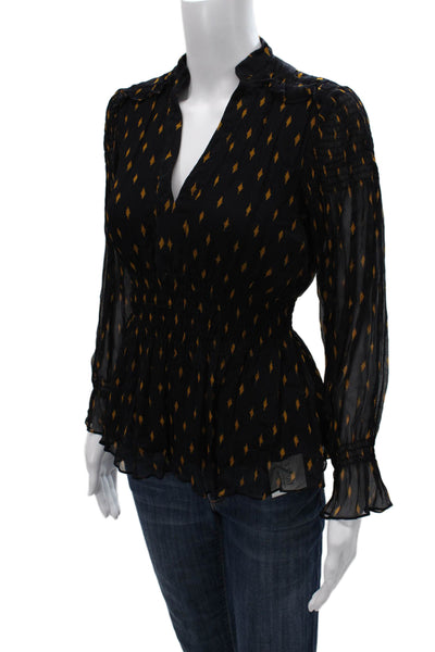The Fold Womens Basic V Neck Argyle Viscose Long Sleeve Blouse Black Size 6