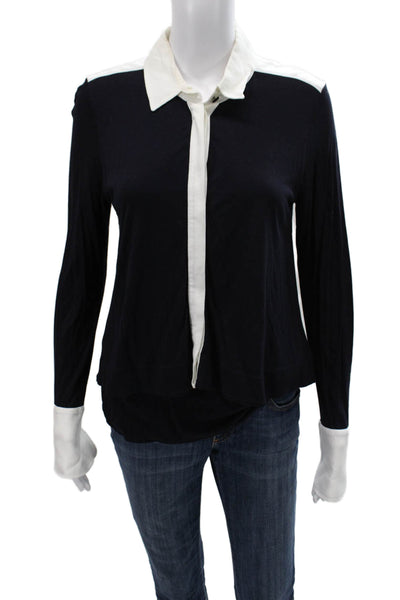 Me + Em Womens Black Viscose Colorblock Collared Long Sleeve Blouse Size 8