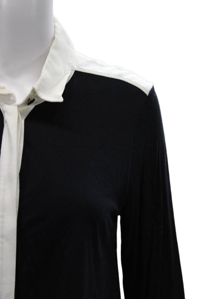 Me + Em Womens Black Viscose Colorblock Collared Long Sleeve Blouse Size 8