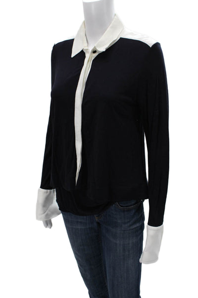 Me + Em Womens Black Viscose Colorblock Collared Long Sleeve Blouse Size 8