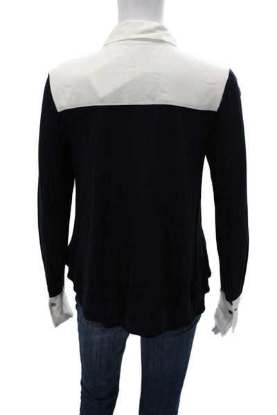 Me + Em Womens Black Viscose Colorblock Collared Long Sleeve Blouse Size 8
