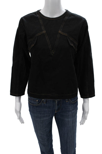 Ba&Sh Women Basic Black Cotton Round Neck 3/4 Sleeve Zip Blouse Size 0